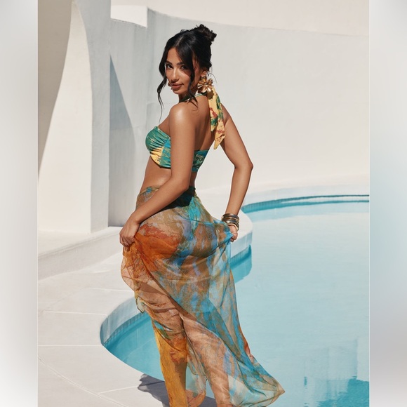 Mina Bandeau Halter Chiffon Sarong 3 Piece Bikini Set - Yellow/combo NWOT - Picture 4 of 4